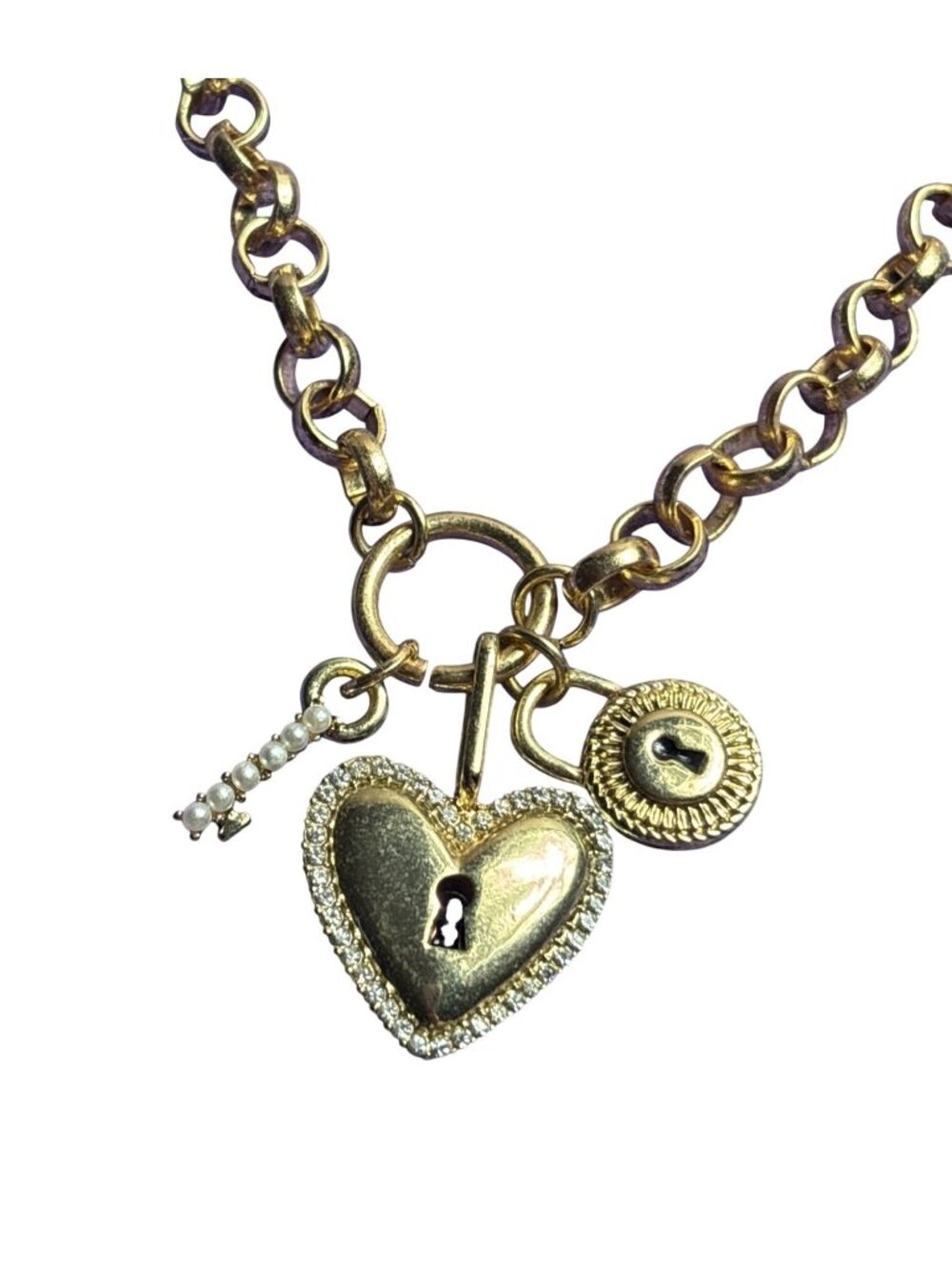 Sugarfix Goldtone Charm Necklace Heart Locks Rhinestones Faux Pearl Circle Chain